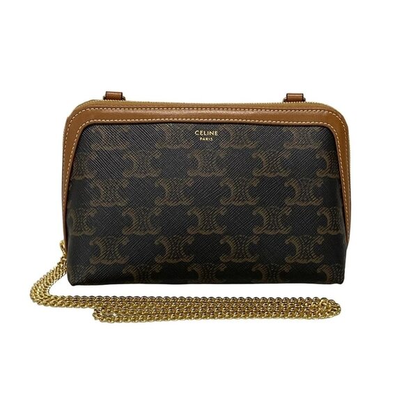 Auth CELINE Clutch with Chain 10E382CBX.04LU Black Dark Brown Triomphe Canvas - - Picture 1 of 16